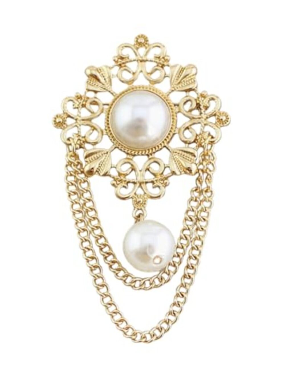 Vintage Round Pearl Filigree Flower Chain Tassel Brooches Lapel Pins for Women